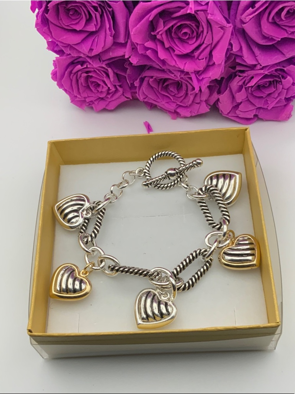 Silver Heart Charm Dangle Bracelet - Women's Silver Tone Chain Bracelet